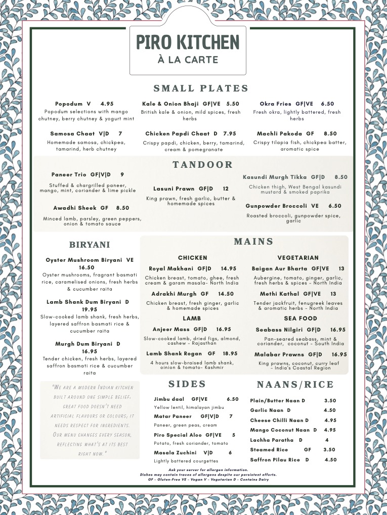 Our food menu with dishes, drinks and prices