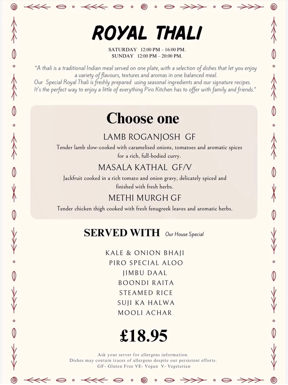 Royal Thali with dishes, drinks and prices