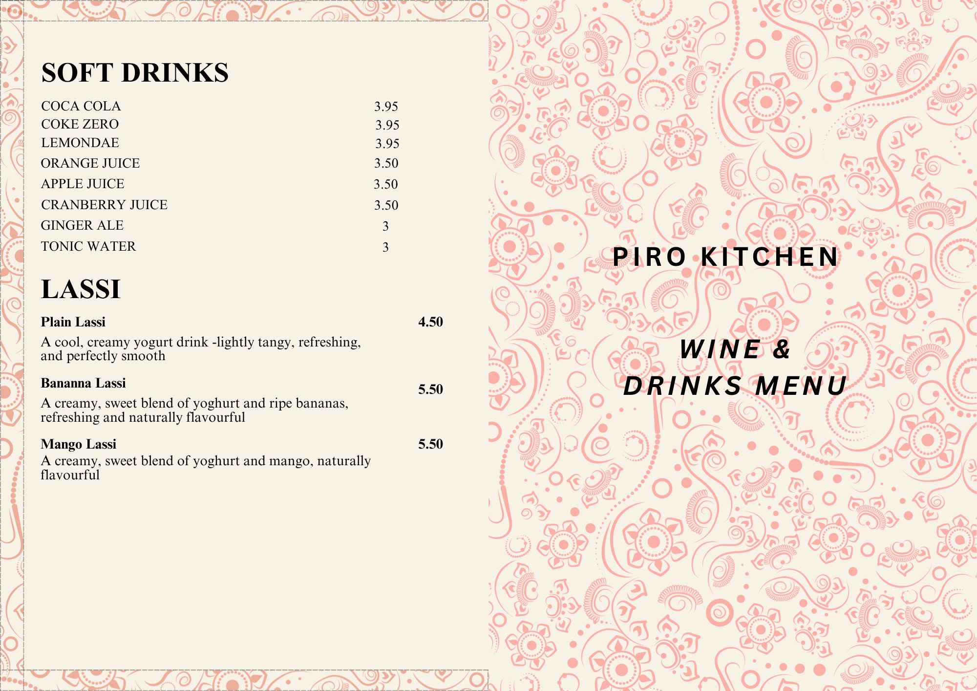 Soft drinks & lassi with dishes, drinks and prices