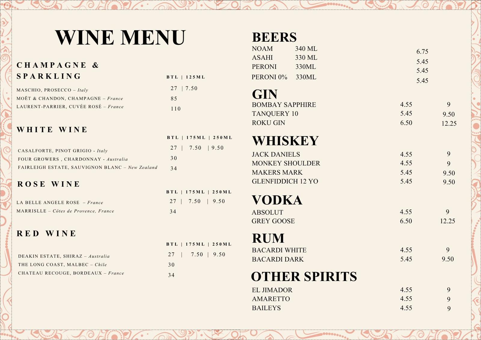Wine & spirits with dishes, drinks and prices